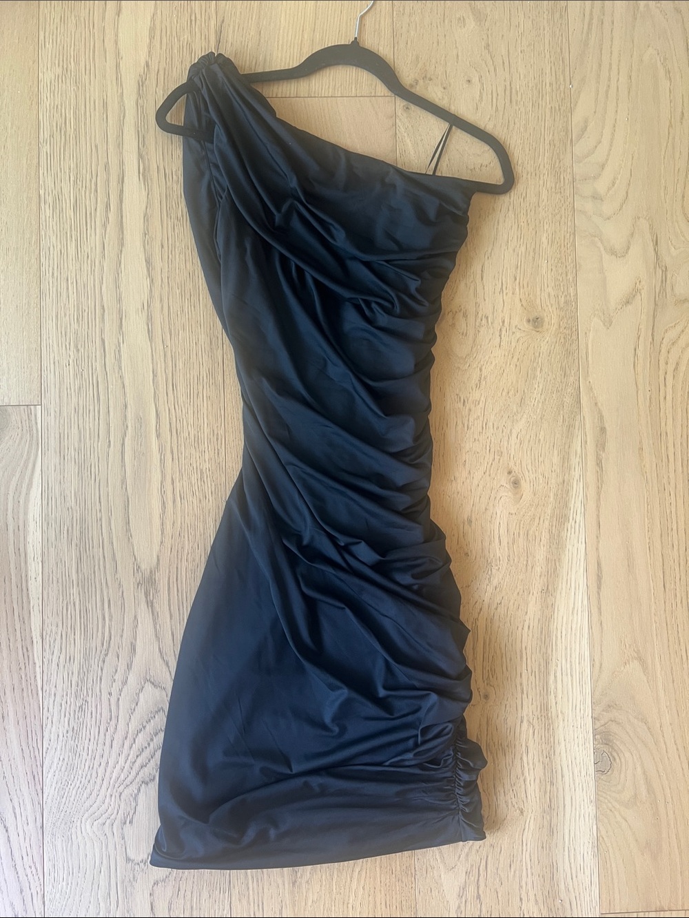 Draped One-Shoulder Black Ruched Midi Dress